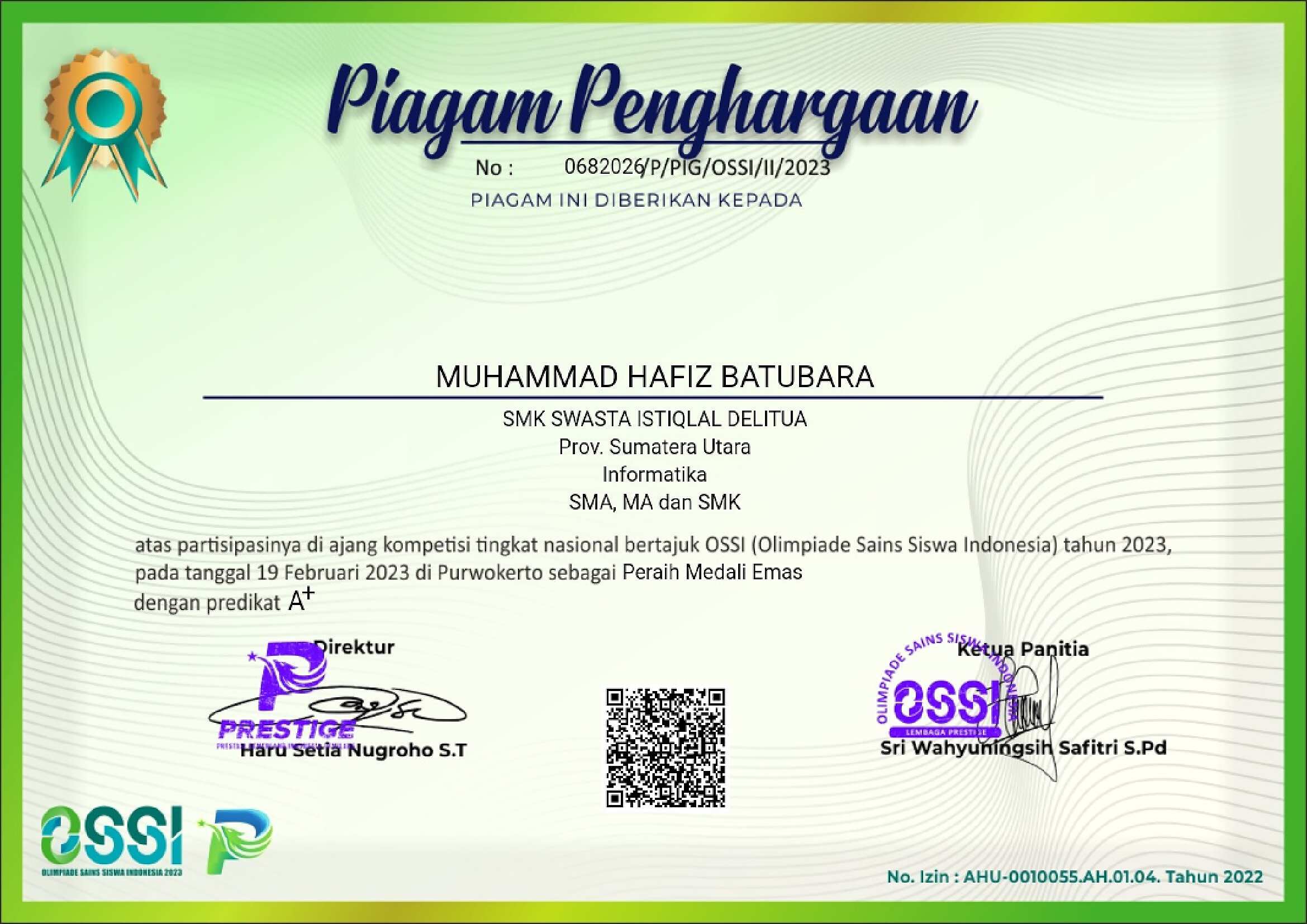 Gold Medalist - Olimpiade Sains Siswa Indonesia (OSSI) 2023 - Informatika