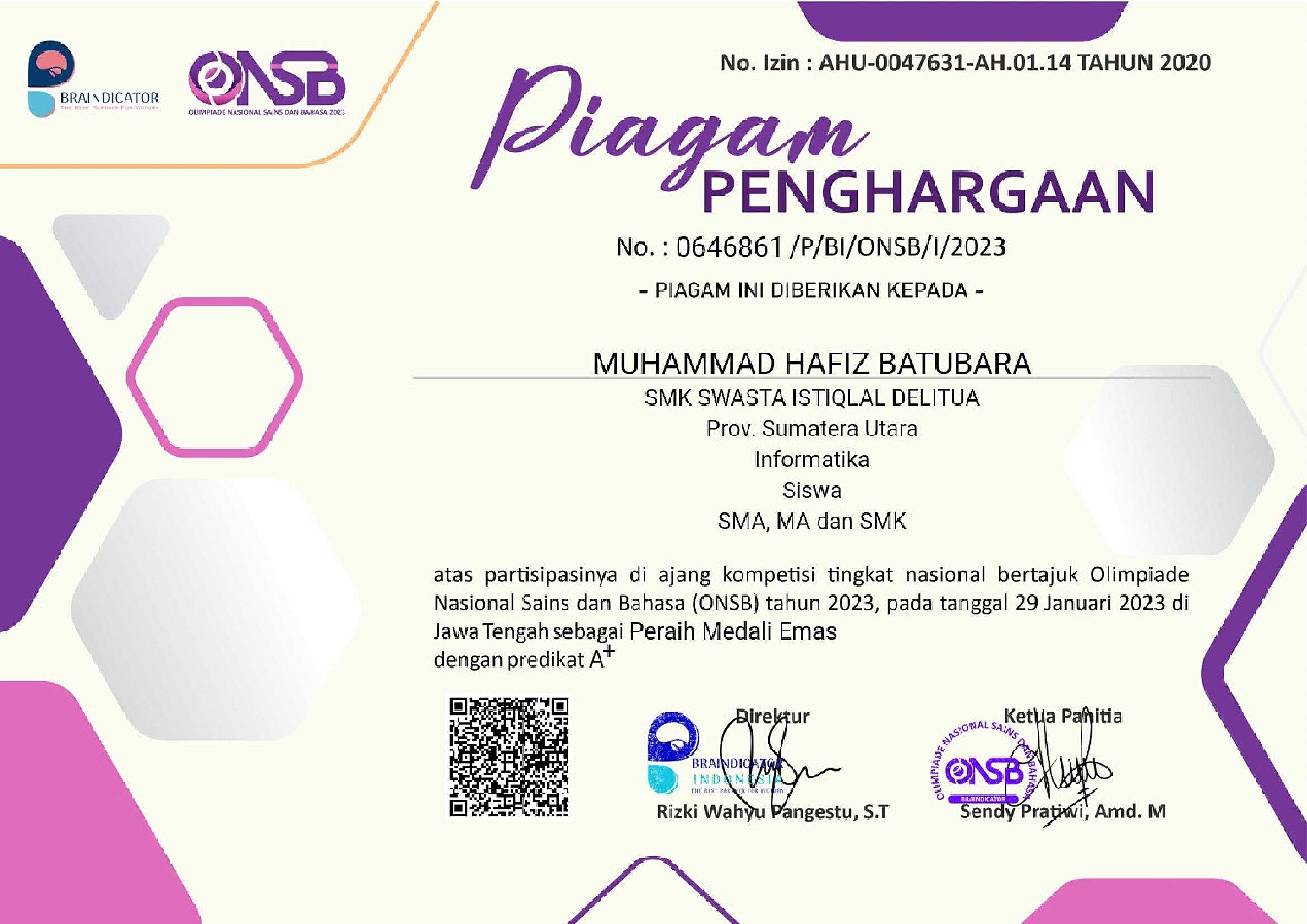 Gold Medalist - Olimpiade Pelajar Sains Indonesia (OPSI) 2023 - Informatika